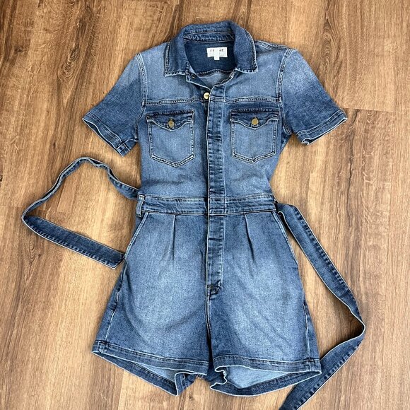 Frame Pleated Coverall Short Romper Button Front Playsuit Stretch Denim Maxson M - Picture 3 of 12